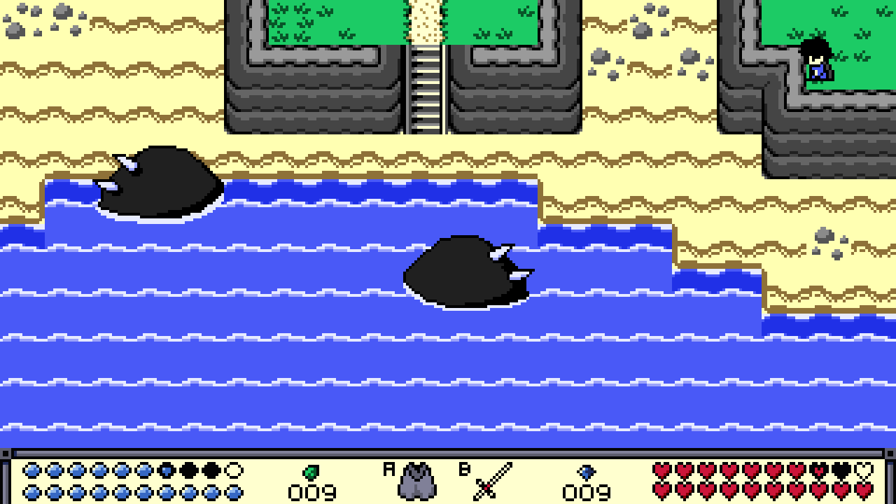 This mockup is for the coast of the island! The beasts were inspired by a passage in *Ghost Story* where Dresden ends up in the fairy version of Normandy Beach. They’re only briefly mentioned, but instead of the traps left by the Nazis, there’s strange great monsters all along the water.  I don’t think this is quite what the author had in mind, but the image was stuck in my head nonetheless. :)  This is also the first mockup in the new aspect ratio. The HUD alone took me way too long, never mind the tricky water tiles. I think there’s still room for improvement, but this is what I’ve got for this week.