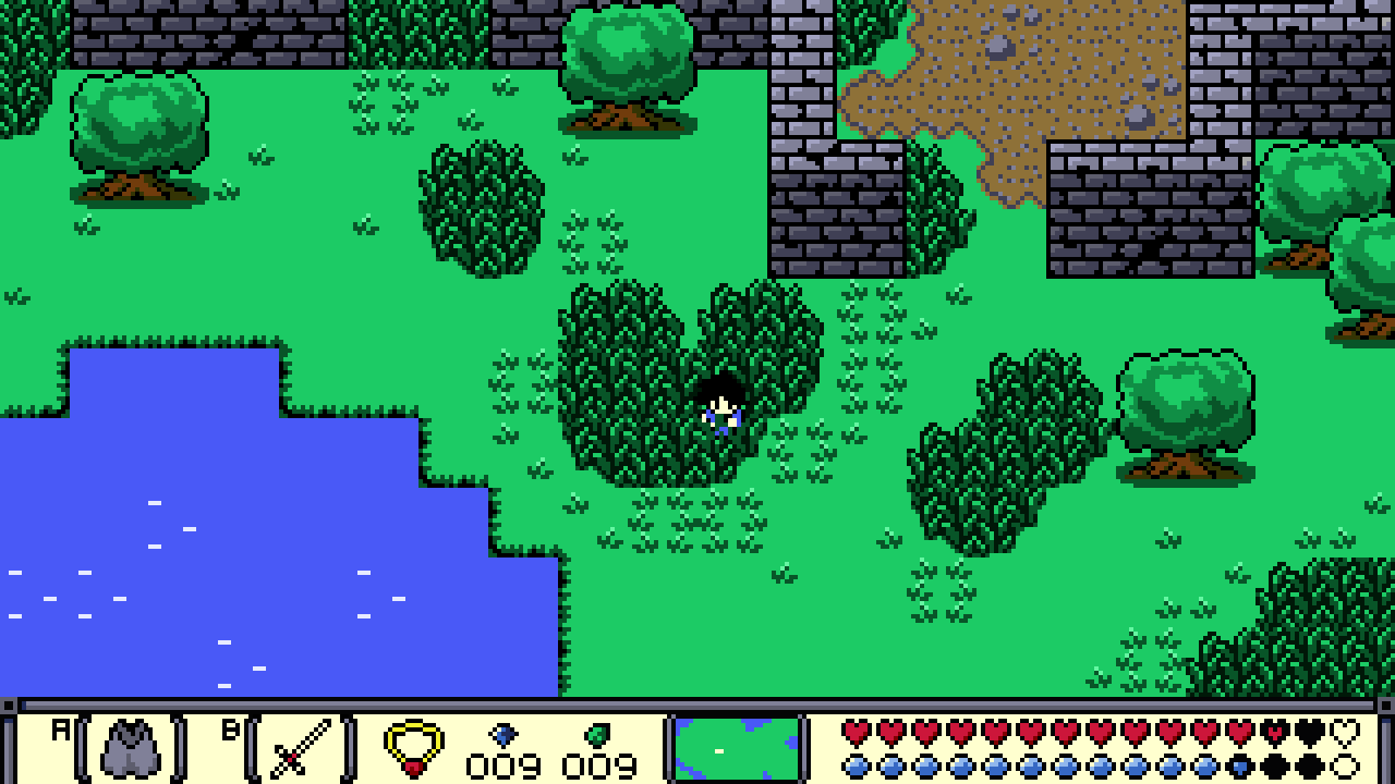 Field and ruins mockup!  I didn’t know if I’d be able to get any work done on The Waking Cloak this week since I’ve been so busy, but this one kinda popped out of its own accord when I was drawing the tall grass. It gave me a good opportunity to experiment further with the HUD now that the game is widescreen.  That grass though. Man. It’s hard to draw!