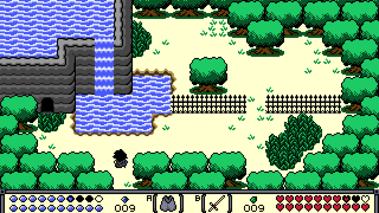 Secret pond mockup!  I’m so excited to be back. I can hardly contain myself. Here’s a secret pond in the woods. I spent some time working on palette, upgrading the trees to be more GBC-ish, fleshing out the tall grass, adding waterfalls, and debuting the wrought iron fence.
