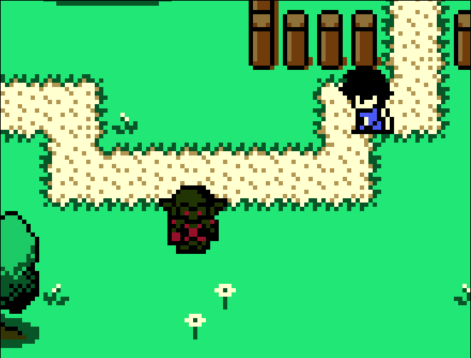 Two screenshots for the price of one! The GameBoy Color could only have three colors per sprite “tile” (four colors if you include transparency), so I changed the player’s cloak from gray to white. I’m quite pleased with how this looks, plus it’s more retro!