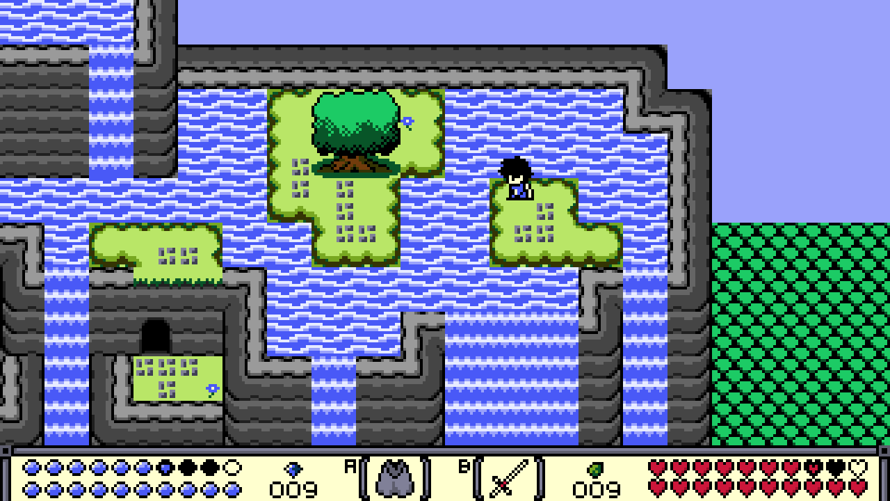 I wanted to do a really unique mountain location this time. One of my favorite things in retro games is when you’re at a really tall height and you can see the forest below, so I had to include that!  I think in the next version, I’ll see about adding clouds and making a few other small improvements, but I wanted to get this done for [#screenshotsaturday](http://imgur.com/t/screenshotsaturday). <br>