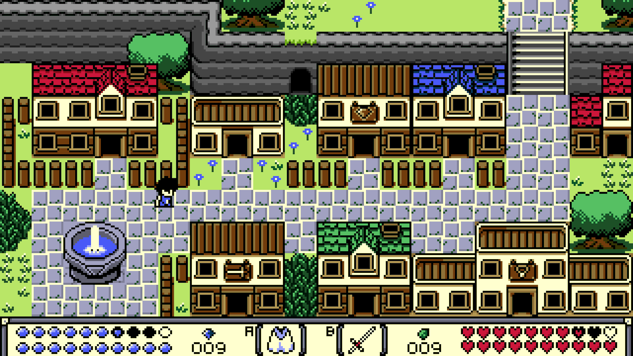 **Town Tileset Mockup!**  Look, I’m a wilderness guy. Put me in an old forest of ancient trees covered in moss, and I’m about as happy as it gets. My favorite moments even in games are spent wandering around in the spaces between civilization. So when I say that this mockup is the one I’m most excited about so far, it means something!  It’s also the one that has possibly taken me the longest, and has been a huge struggle. (Fountains are freaking impossible!) But I couldn’t be more happy with this–it’s starting to feel like a *game*.  A few towns are planned for The Waking Cloak, each with a different aesthetic, but this is a piece of the main one (as of yet unnamed). Between talking to townsfolk, shopping, getting amulets appraised, being summoned by the mayor/king, and exploring nooks and crannies, you’ll probably spend a fair bit of time here!  Finally, here’s a gif of me flailing around and trying a bunch of different stuff as I developed the look and feel. I spent a horrifying amount of time working on that wall.  {{PC_IMG:0}}