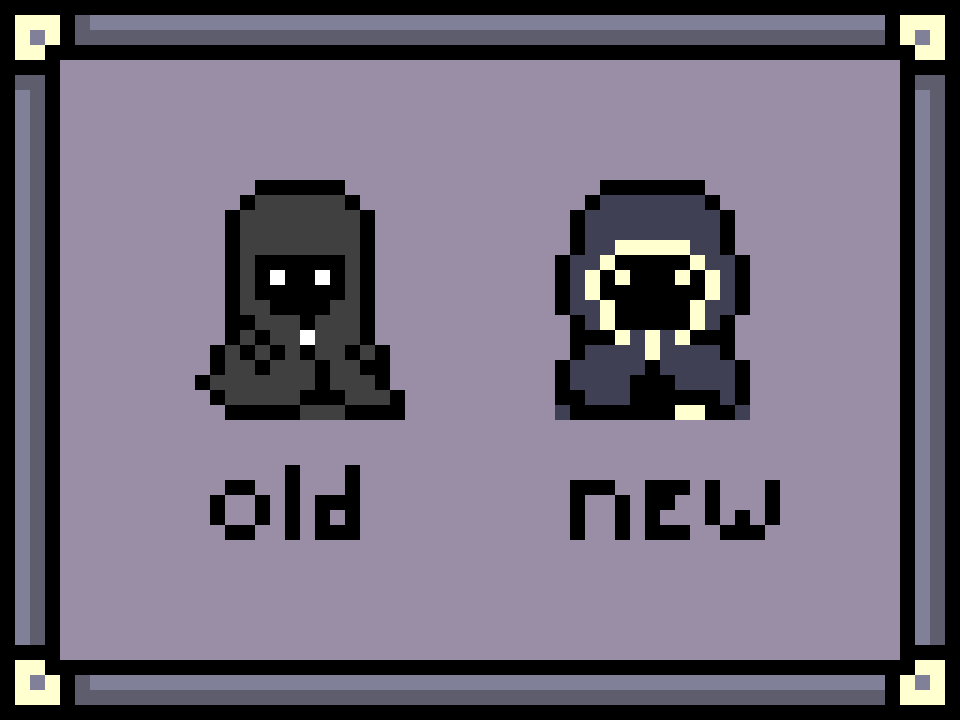 The results are in.  You voted… and chose…  **??? the Shady Merchant**  Who is he? What is he selling? What lies under that dark hood? How do you pronounce ”???”? A man of many mysteries, nobody remembers when ??? came into town, nor where his shop even came from. All they can vaguely remember is that there was a time before he and his shop existed, and that time is no longer.  The old one kinda has an adorable “OHOHO, MAH BELLY!” charm to him, but that’s not really what we’re going for with this guy. I may still incorporate some aspects of the old sprite into the new, but this is where we’re at for now!<br>