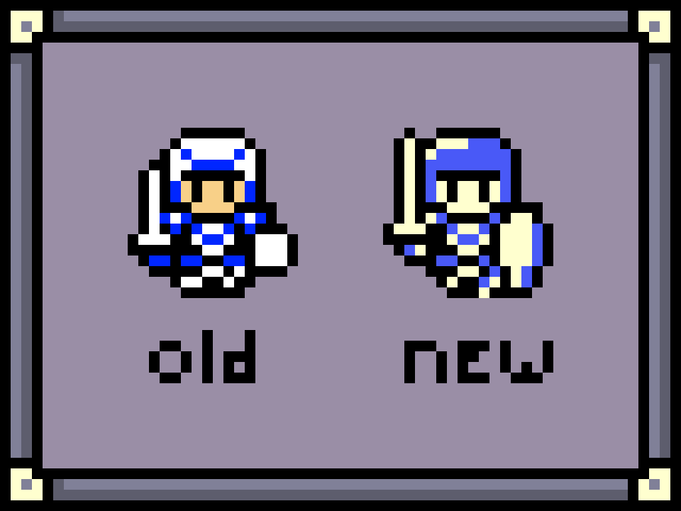 One of the many **guards of the castle**, this… er… totally non-generic guard absolutely does not look the same as every other guard. He has his own backstory and… uh… probably his own family. *Shuffles through papers* Which one was this again? I swear, I’m not having trouble telling them apart. It’s got to be the armor.  My brother did a great job on this sprite already, so there wasn’t much to change. The biggest struggle was giving it some movement (especially the feet… I don’t know why I struggled so much with the feet… and now all I can do is stare at the feet). Poor guy had dinky armaments before, so I made them a little more menacing, and then took a page from the Oracle of Ages handbook and bobbed them up and down.