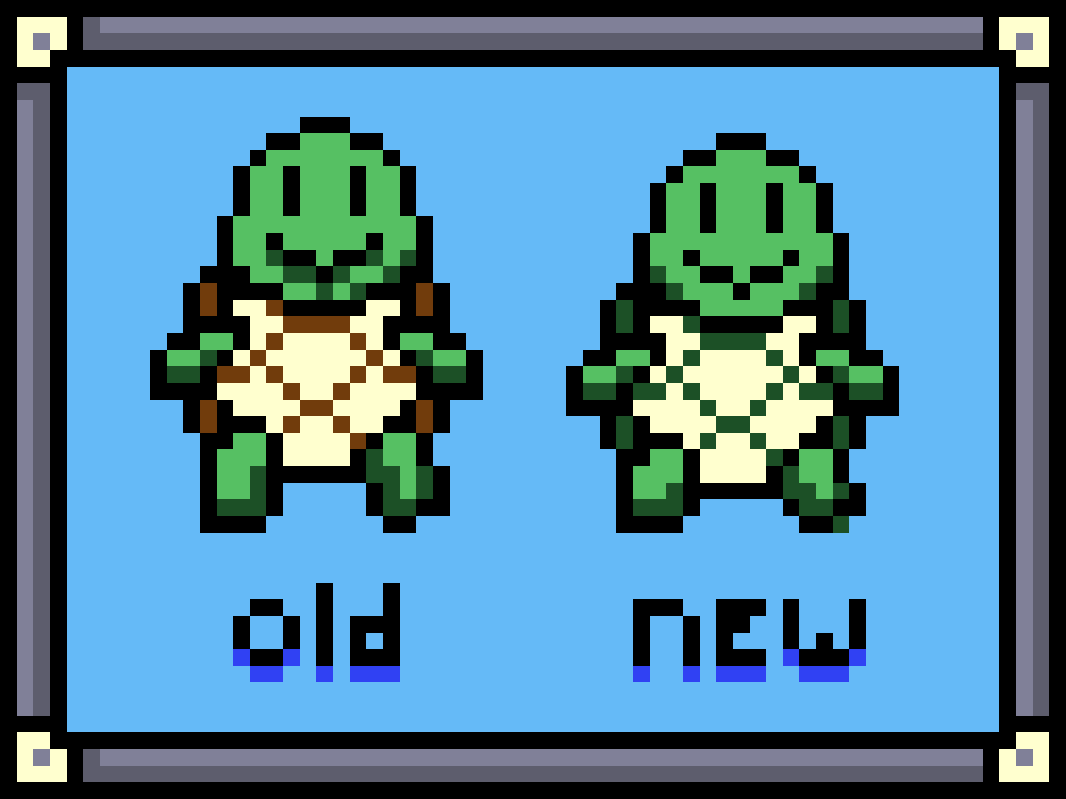 **Pono** is the most adventurous of the turtle tribe (at least until Opo grows up), venturing far outside the swamp and into the rest of the isle. Unfortunately, Pono’s adventurous spirit don’t quite match up with his luck–he’s extremely accident prone. If you meet him during your travels, you’re much more likely to find him stuck on his back than actually doing any adventuring! But he’s a kind, helpful soul, and there’s something to be said for his sense of wonder and curiosity.  I drew the first version on Monday, completely forgot to update him yesterday, and scrambled to finish him up today during my lunch break.  I “condensed” him a bit–while the turtles from the turtle tribe are generally much larger than humans, I didn’t feel like the proportions were quite right. Turns out making him one pixel shorter worked pretty well!  The awful shading on his face is gone, and I got rid of the brown. We’re still technically one color over the limit for Game Boy Color sprites (as I’ve mentioned before, they could do four colors, but transparency counts as one of those colors). Most NPC sprites in the game will stick strictly to three colors for consistency and style, but the Game Boy *did* have a method to add more colors to a sprite: create a new sprite with the new color and overlay them. In this case, you could consider the “belly” of the shell as its own separate sprite.  Of course, this is shortcutted a bit–I’m not strictly sticking to the ten-sprites-per-row limit (never mind that the game’s base resolution is twice as wide), and I’m just making this guy one sprite instead of multiple. Modern amenities, right?