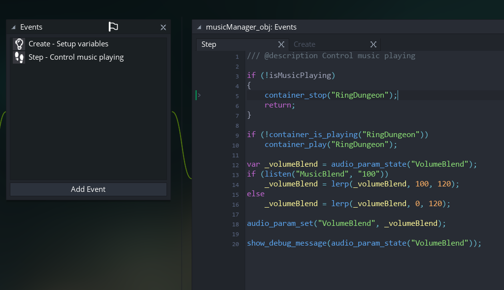 Today I worked on the music manager object. I’ll expand on this more in later episodes (maybe??), but for now it’ll determine when to play the music and which track to play. Using the Wandersong audio engine is really starting to pay off.