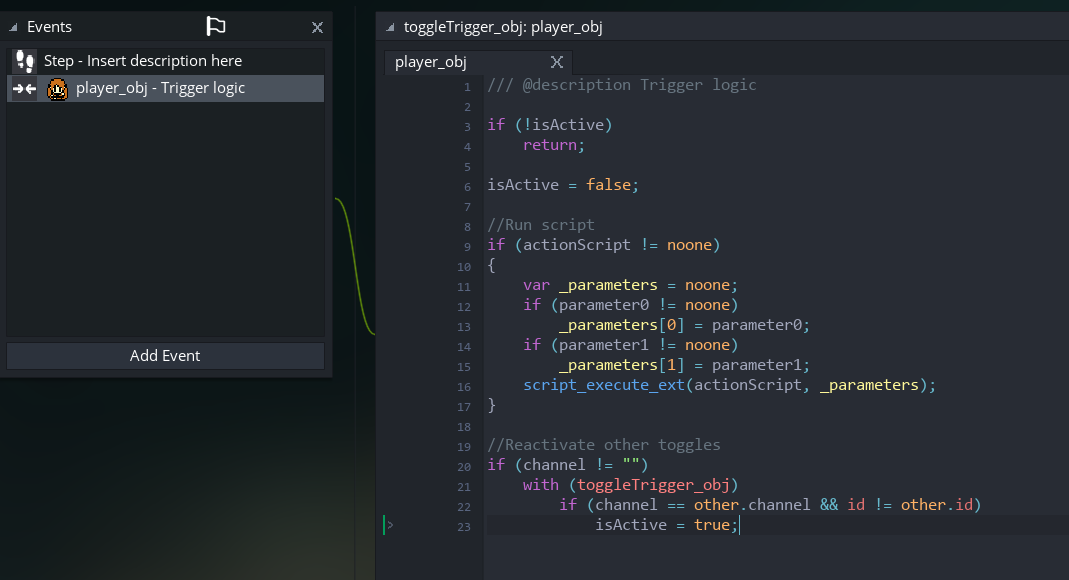 I forgot to post yesterday, but I got some good stuff done. Added a fancy toggle trigger which is a big advancement on my previous trigger objects. When the player touches it, it runs a script (which I can set per instance, including parameters), deactivates itself, and activates all the other toggle triggers on the same channel (a channel is just a string in this game–in this case, “musicBlend”).  I hooked a few of these up to the music manager and now they trigger the blend between the two versions of the music.  **This means music is DONE!**