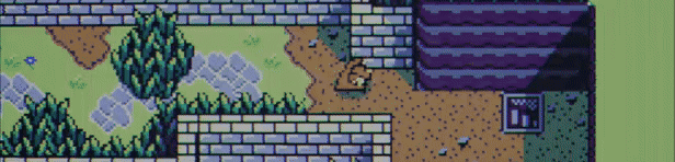 Pixel-art screenshot from ProtoDungeon: Episode III showing a character walking through a walled garden courtyard with hedges and grass.